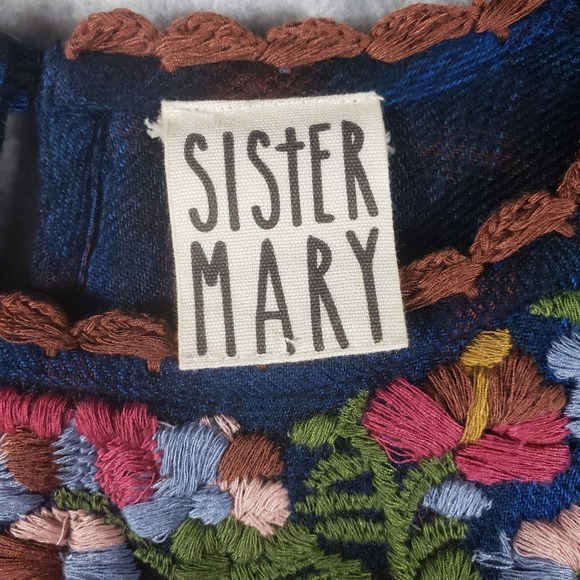 Sister Mary Karmen Embroidered Plaid Midi Dress Blue Boho  Craft L Viscose Midi - Picture 6 of 12